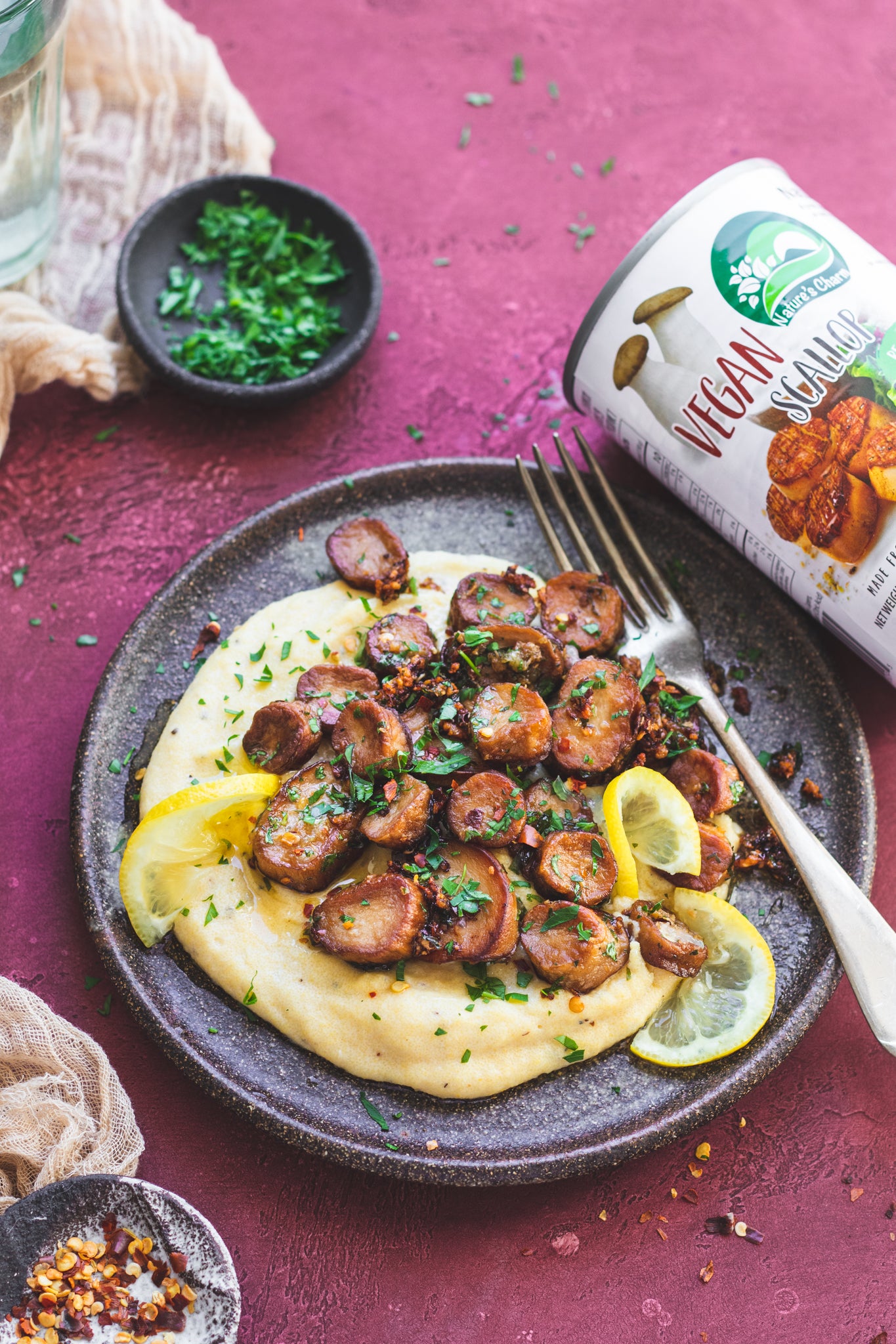 Garlic Butter Vegan Scallops with Creamy Polenta